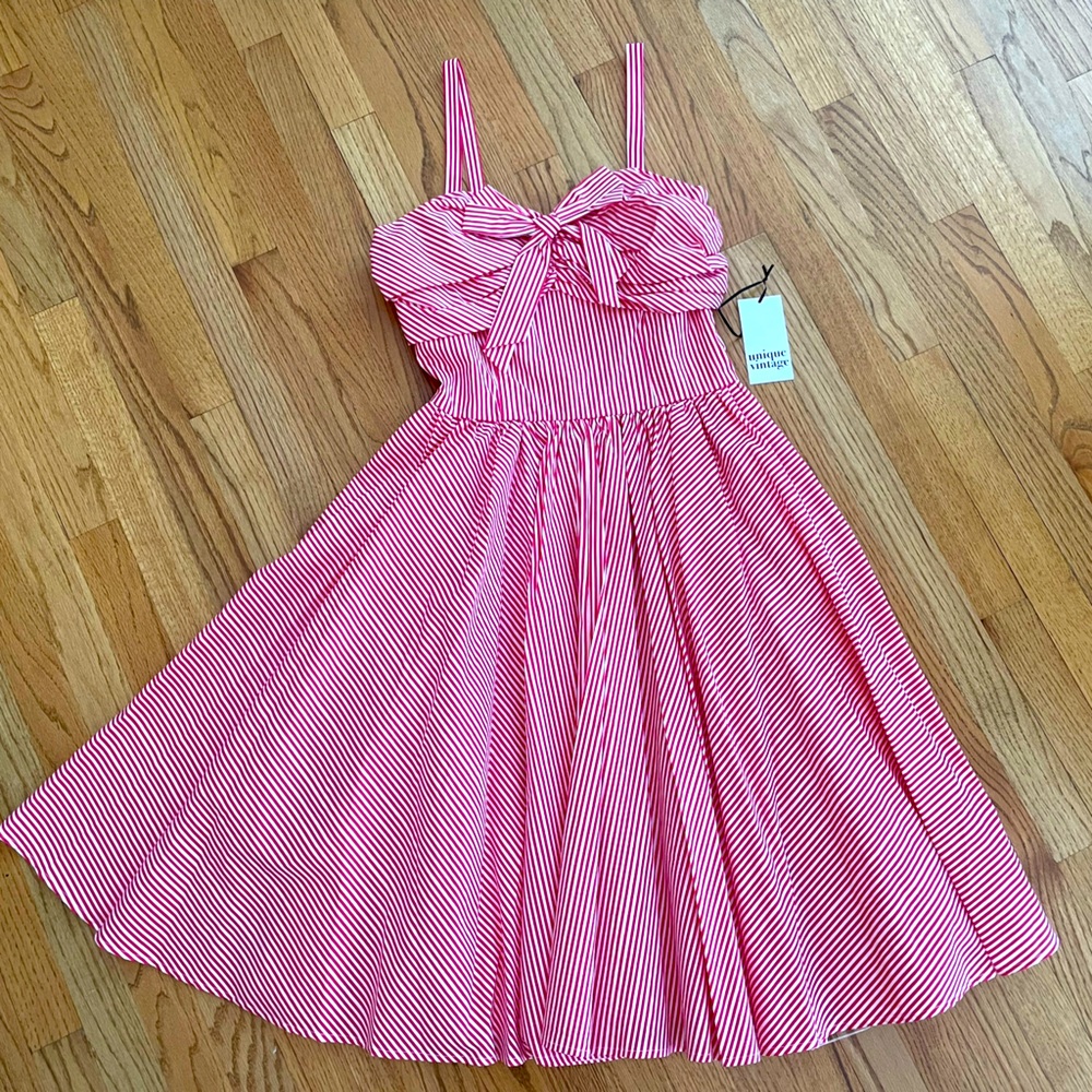 Unique Vintage brand Golightly Pink & White Stripes Swing Dress size L (10/12)